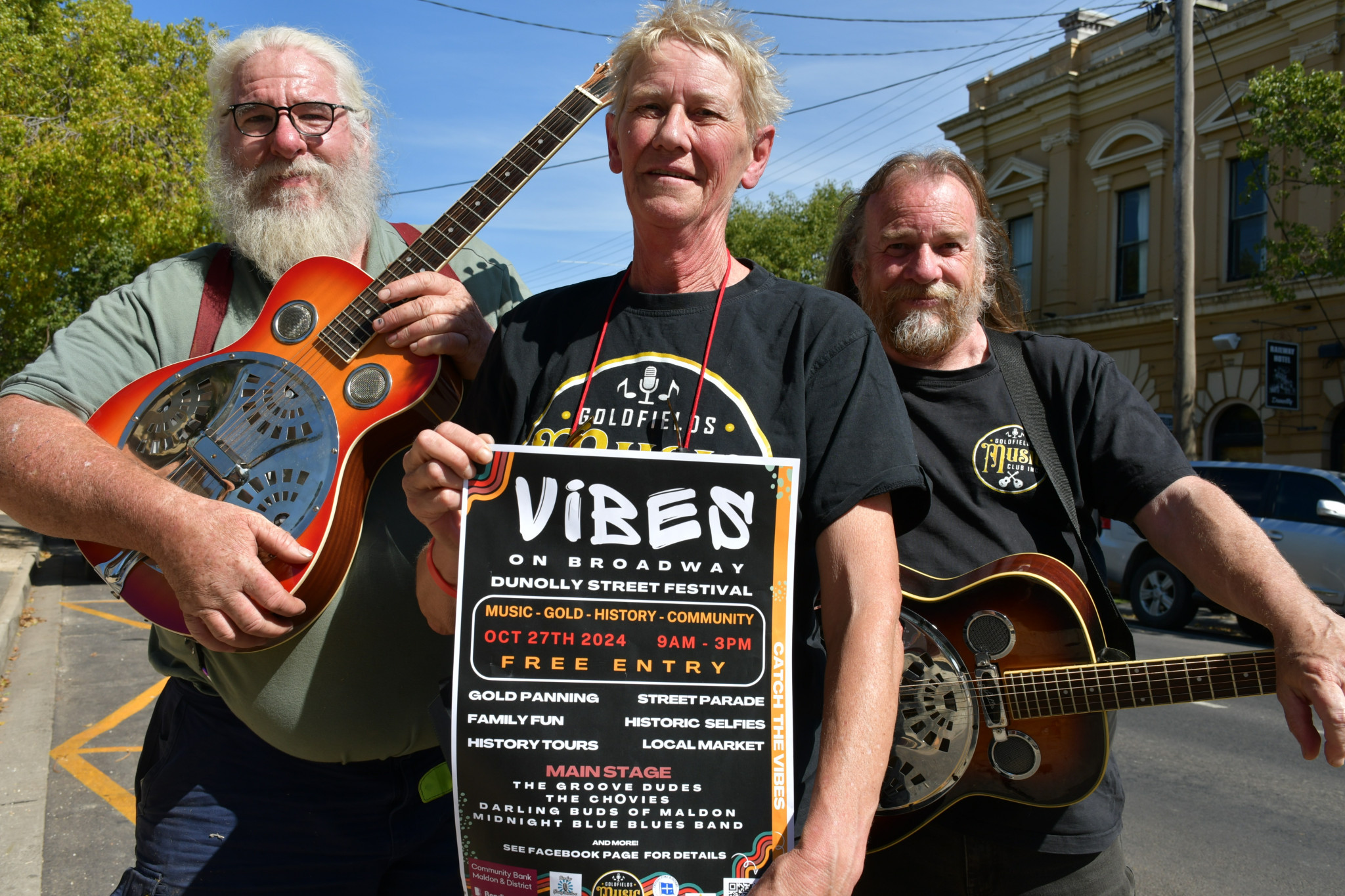 Goldfields Music Club’s Greg Keegan, Sue Hagman and Andy Ball are hoping to bring the vibes to Broadway this Sunday.