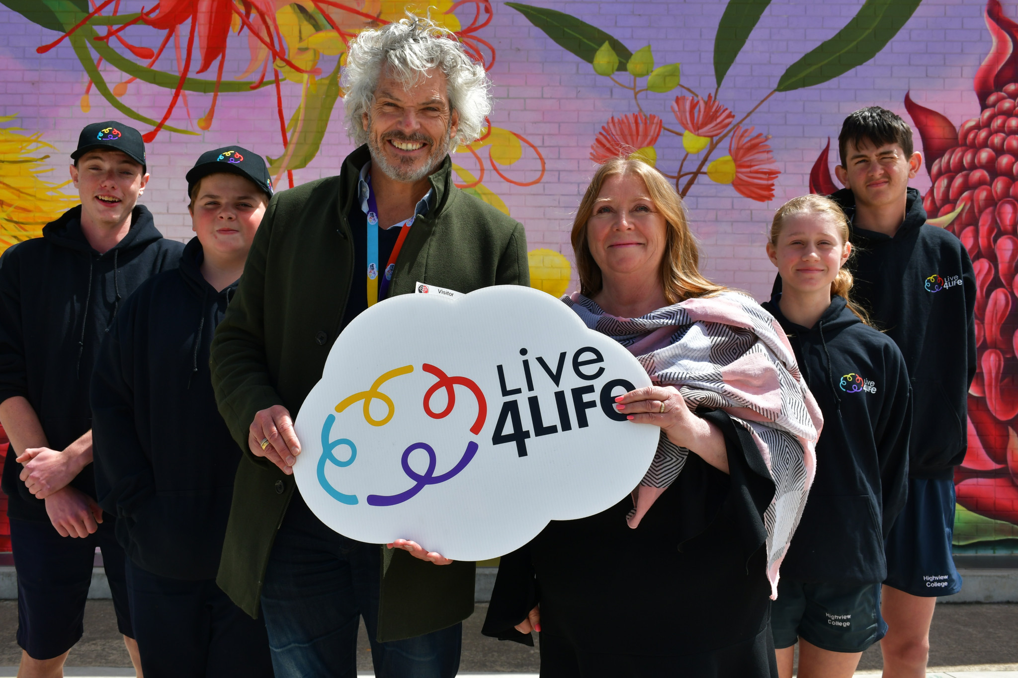 Live4Life CEO Bernard Galbally and Highview College principal Eryn O’Mahony (front) with Live4Life crew members Curtis, Josh, Ella and Connor.