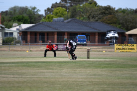 Aidan Thompson defends his wicket for Clunes.
