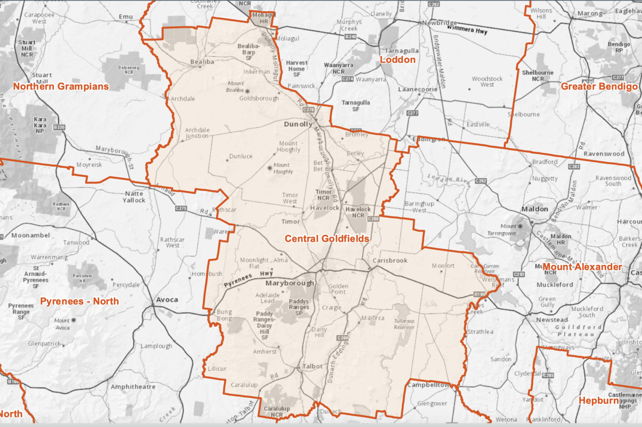 A map of the Central Goldfields Shire showing where fire restrictions are now in force. Photo: CFA.