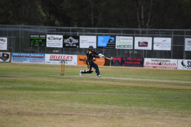 Alex Cook gets one on to the toe of his bat for Laanecoorie Dunolly.