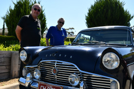 The car was brought along by Maryborough District Historic Vehicle Club member Graeme Moore (right) who enjoyed festivities alongside fellow member David Morris.