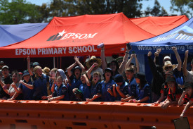 White Hills Primary School celebrates their trial victory in the primary school race.