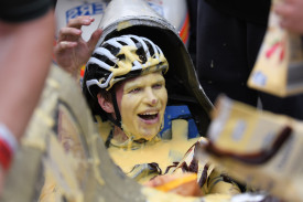 To the victors go the spoils, and Bendigo Senior Secondary College covers the winning trike (and rider) with custard.