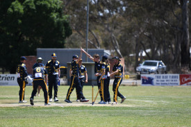 Laanecoorie Dunolly celebrates a Joe Lovel wicket in their last meeting with Colts Phelans.