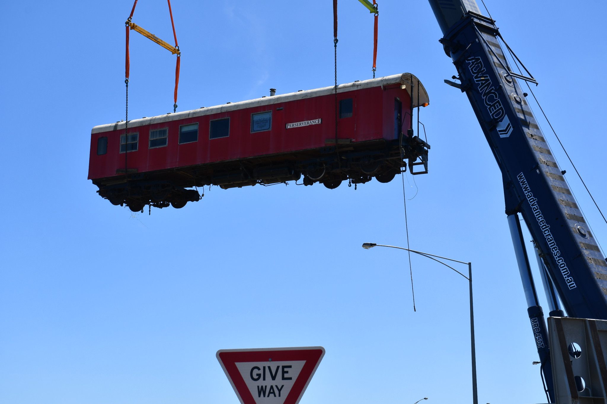 The 29 tonne carriage raised in the air above Talbot.