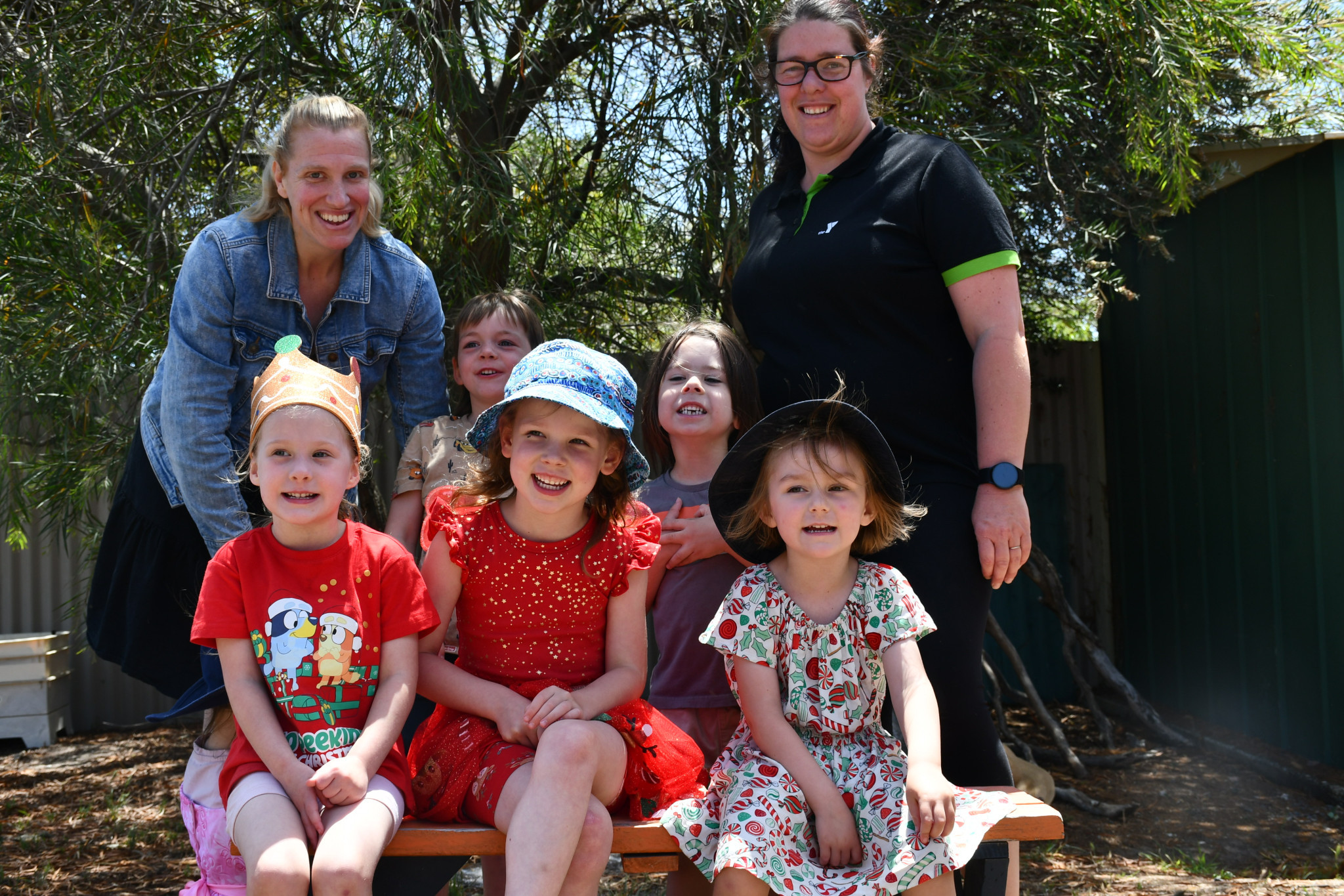 Talbot Kindergarten teacher Samantha Vella and educator Lainey Carr (back) are excited for Charlotte, Kade, Matilda, Jacob and Ariella to experience bush kinder.