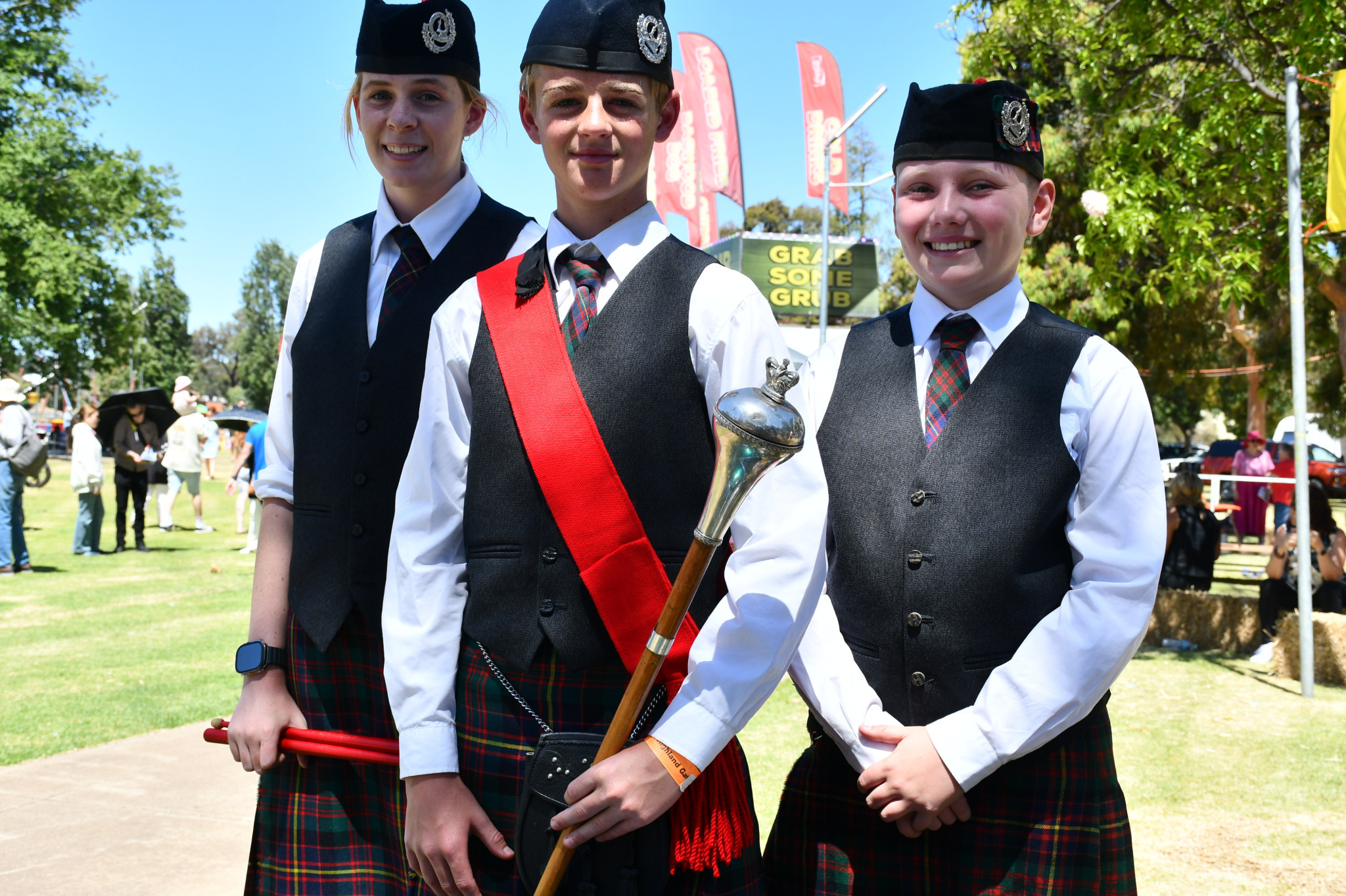 St Arnaud Norman Simpson Memorial Pipe Band members Sami Weir, Forbes Kirk and Dean Liddicoat entertained crowds throughout the Highland Gathering despite their relatively young age.