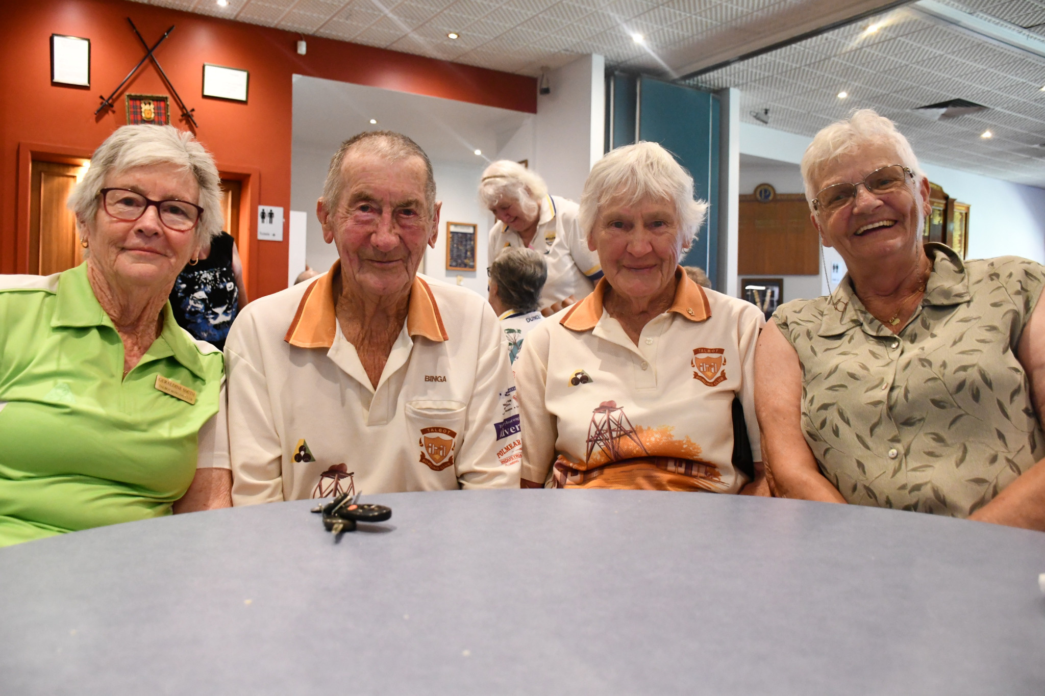 Talbot’s Geraldine Smith, Binga and Barb Crossley and Jacqui Marr celebrating their team’s win.