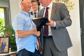 Pyrenees Shire Citizen of the Year Alan Steeter accepts his award from Australia Day Ambassador Rowan Martin in Lexton. Photo: Pyreness Shire Council.