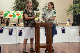 Bealiba’s guest speaker Suzie Deason (right), receiving a native shrub from Bealiba CWA branch president Heather Davis. Photo: Heather Davis.