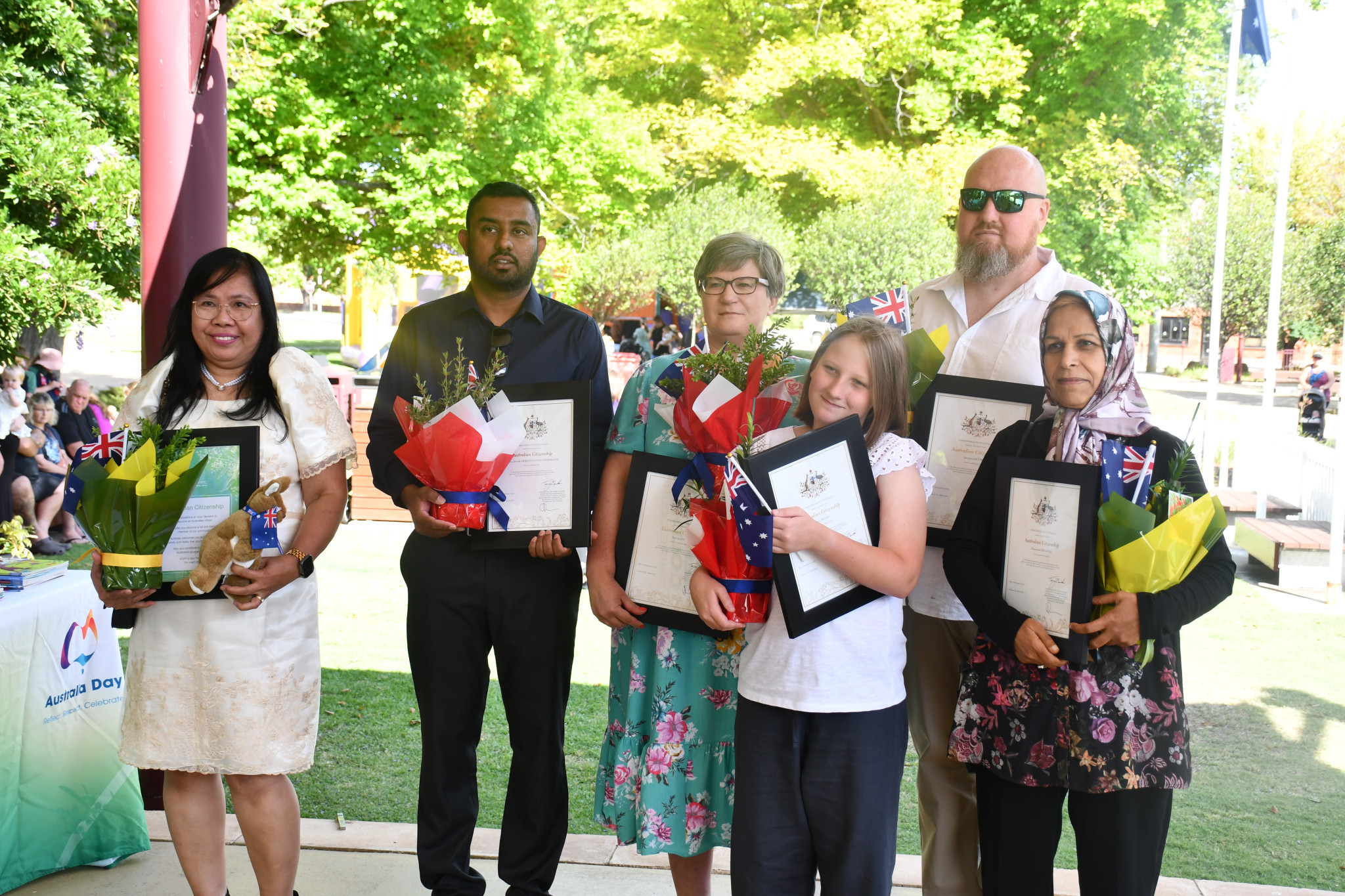 Six members of the Central Goldfields Shire community have become Australian citizens, originally hailing from across the globe. Pictured: Lucia Farrugia from the Philippines, Janitha Herath Pathi from Sri Lanka, Letitia Jacobs from Namibia, Adi Jacobs from South Africa, Jacques Jacobs from South Africa, and Masoumeh Khademi from Iran.