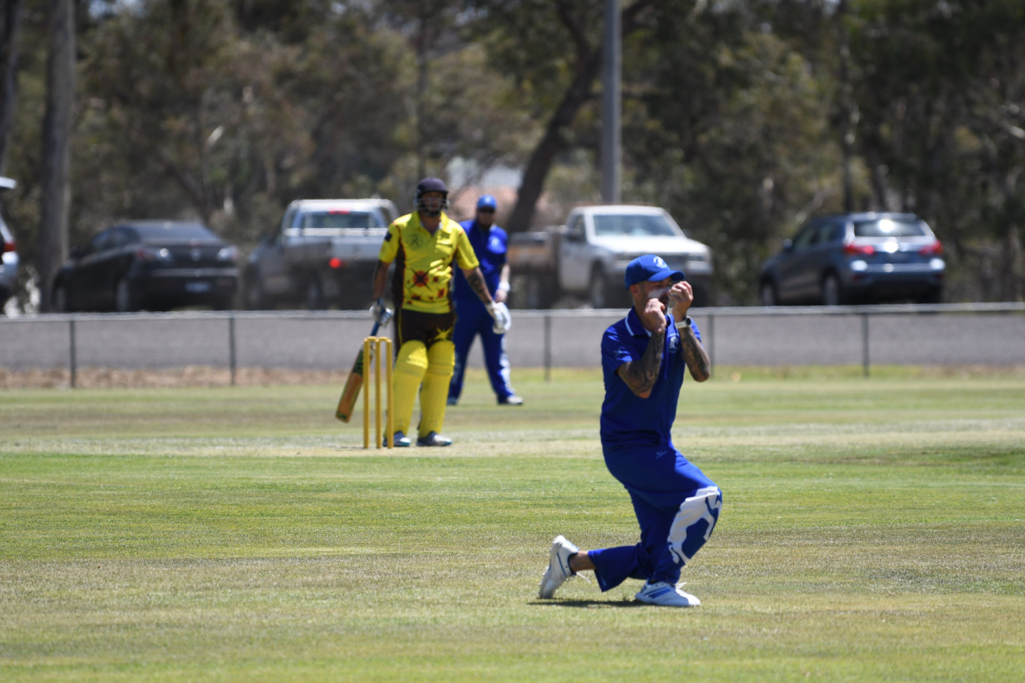 Daniel McGregor holds on to a catch to grab the first wicket of Jack Kenden.