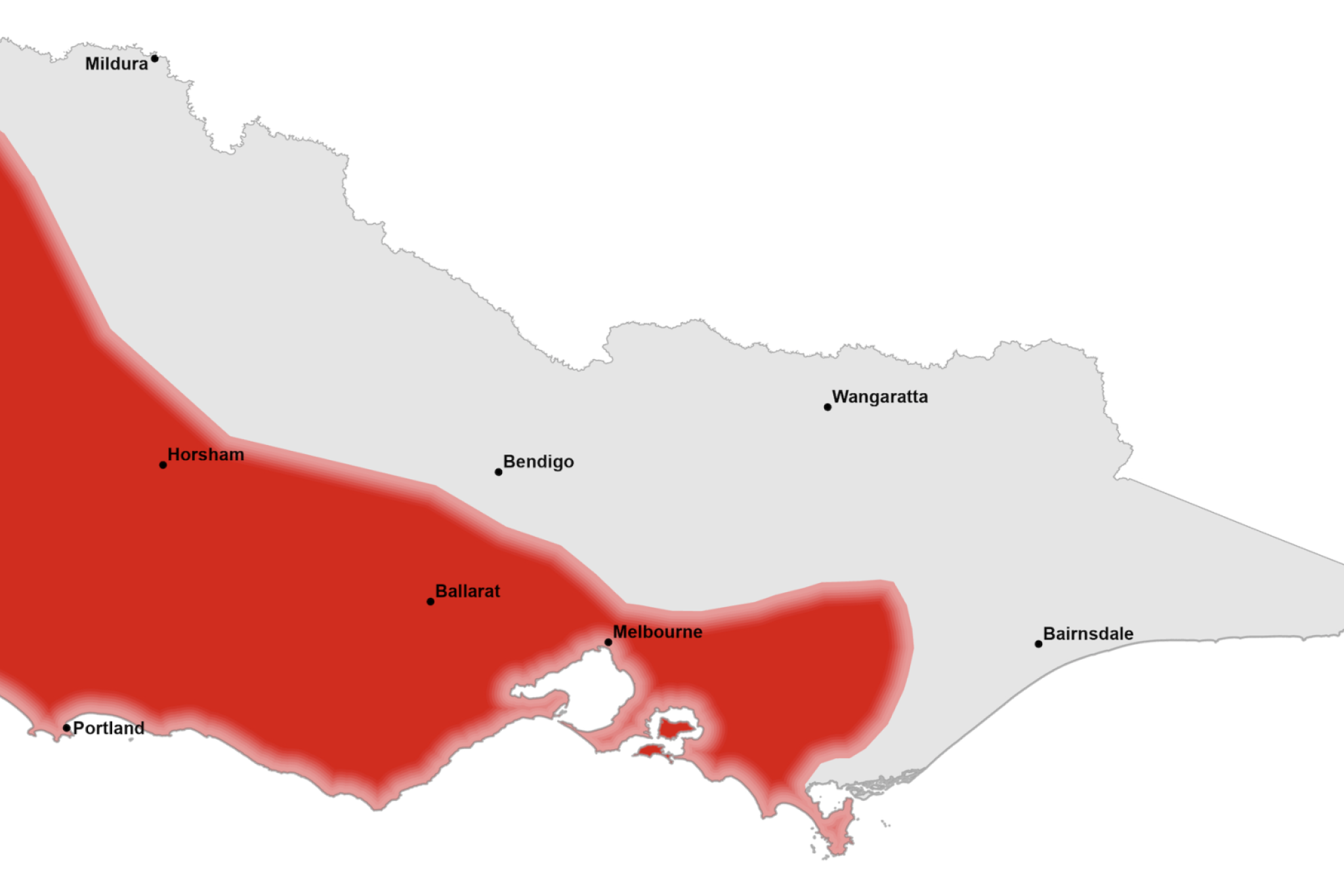 The red colouration shows significant parts of Victoria can expect to see increased fire potential through autumn, including locally. Photo: AFAC.