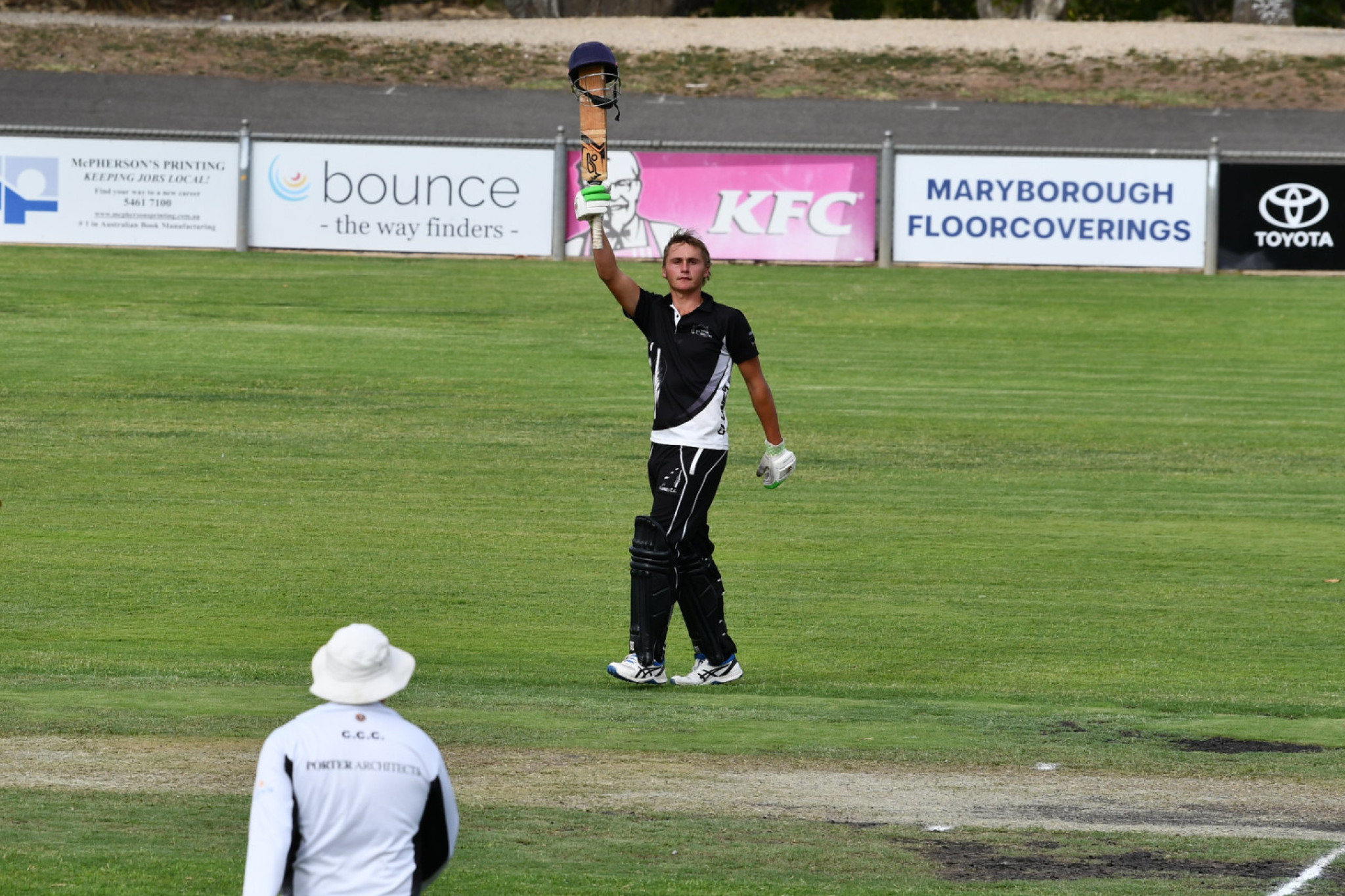 Noah Davies celebrates hitting the winning runs for Clunes.