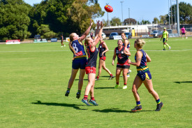 Olivia Rogers of the Redbacks goes for the mark against Lakers’ Carrie Slorach.