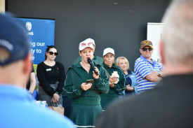 Nickola Allan addresses the excited crowd on Thursday.