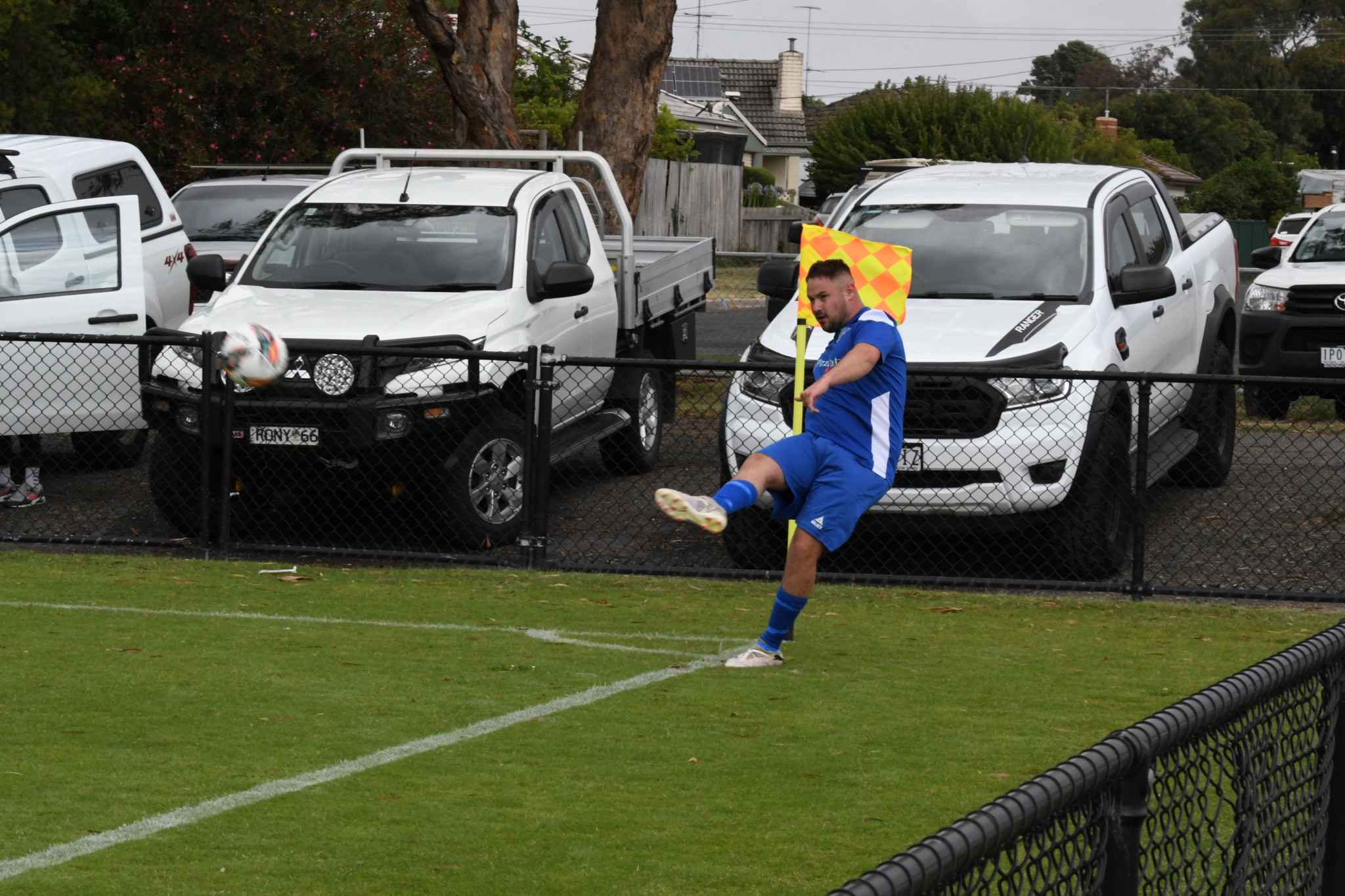 Callum Connor whips in a corner in Maryborough Soccer Club’s Dockerty Cup fixture.