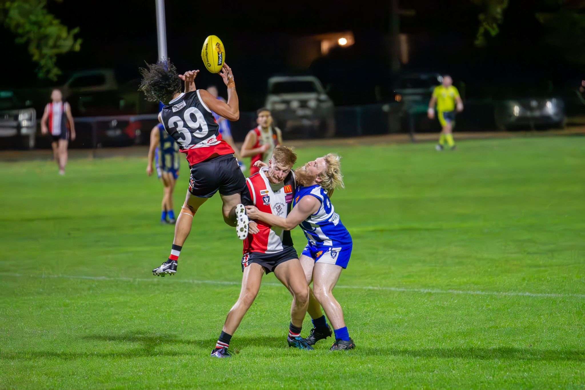 Trentham’s Marcus Elderfield flying high for a mark.