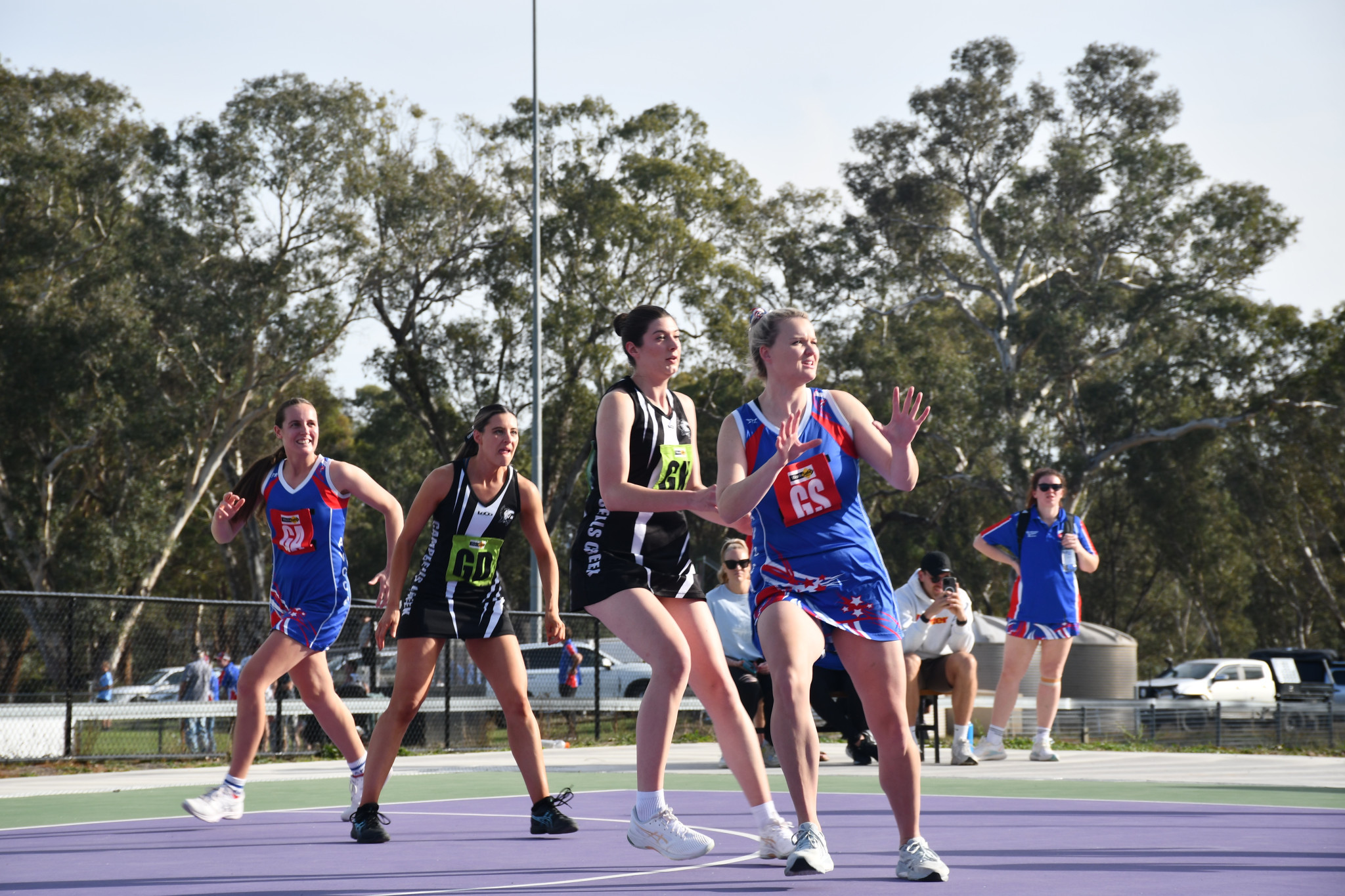 Campbells Creeks’ Taylah Sartori and Katina Hawken defend Avoca duo Gina Beavis and Maddy Egan.