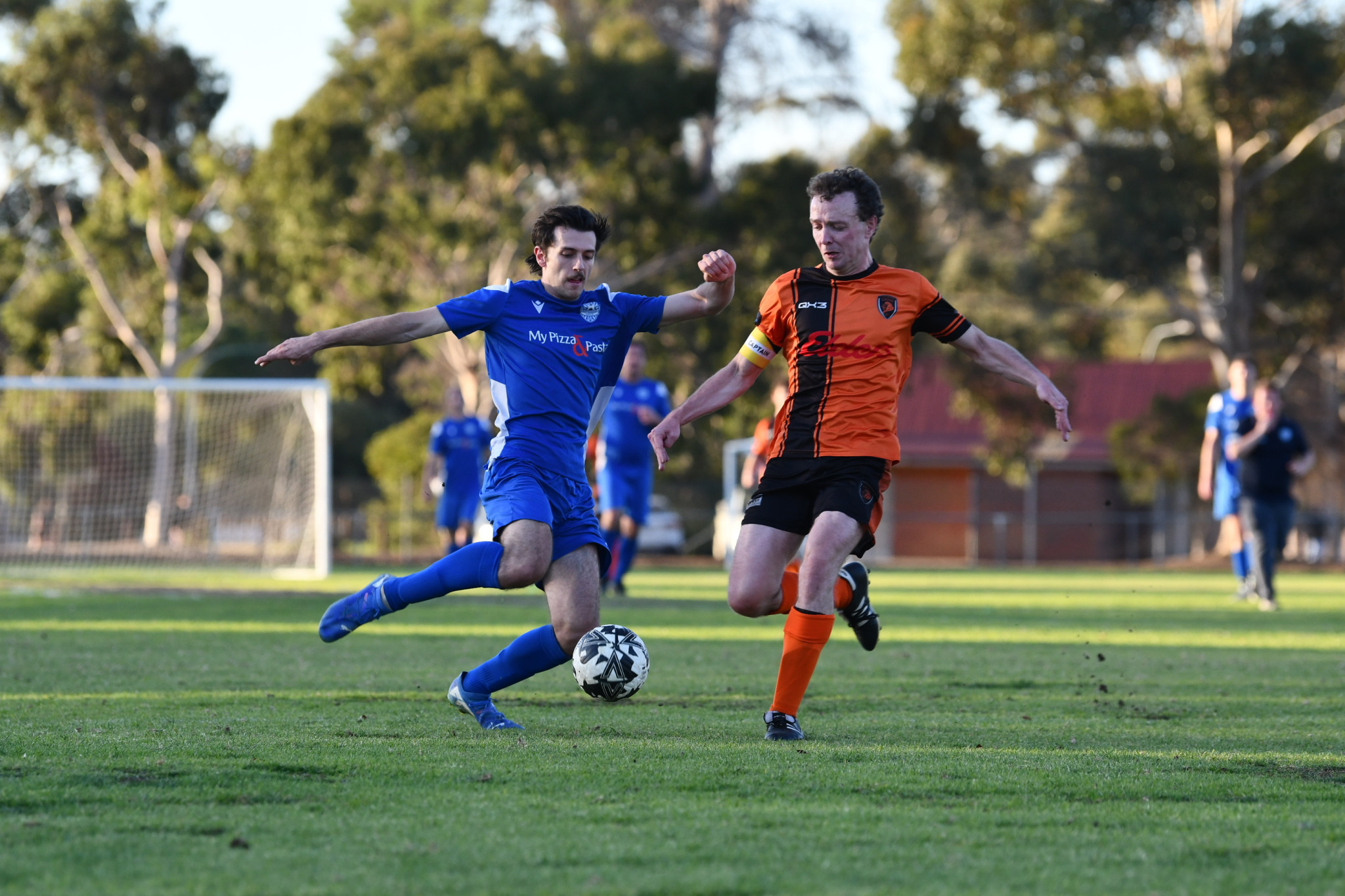 Julian Callea, pictured against the Corangamite Lions, will hope to keep his remarkable early-season goalscoring record going against Ballarat this Sunday.