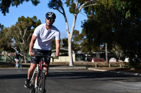 Nick Ocean prepares for his cycle leg.