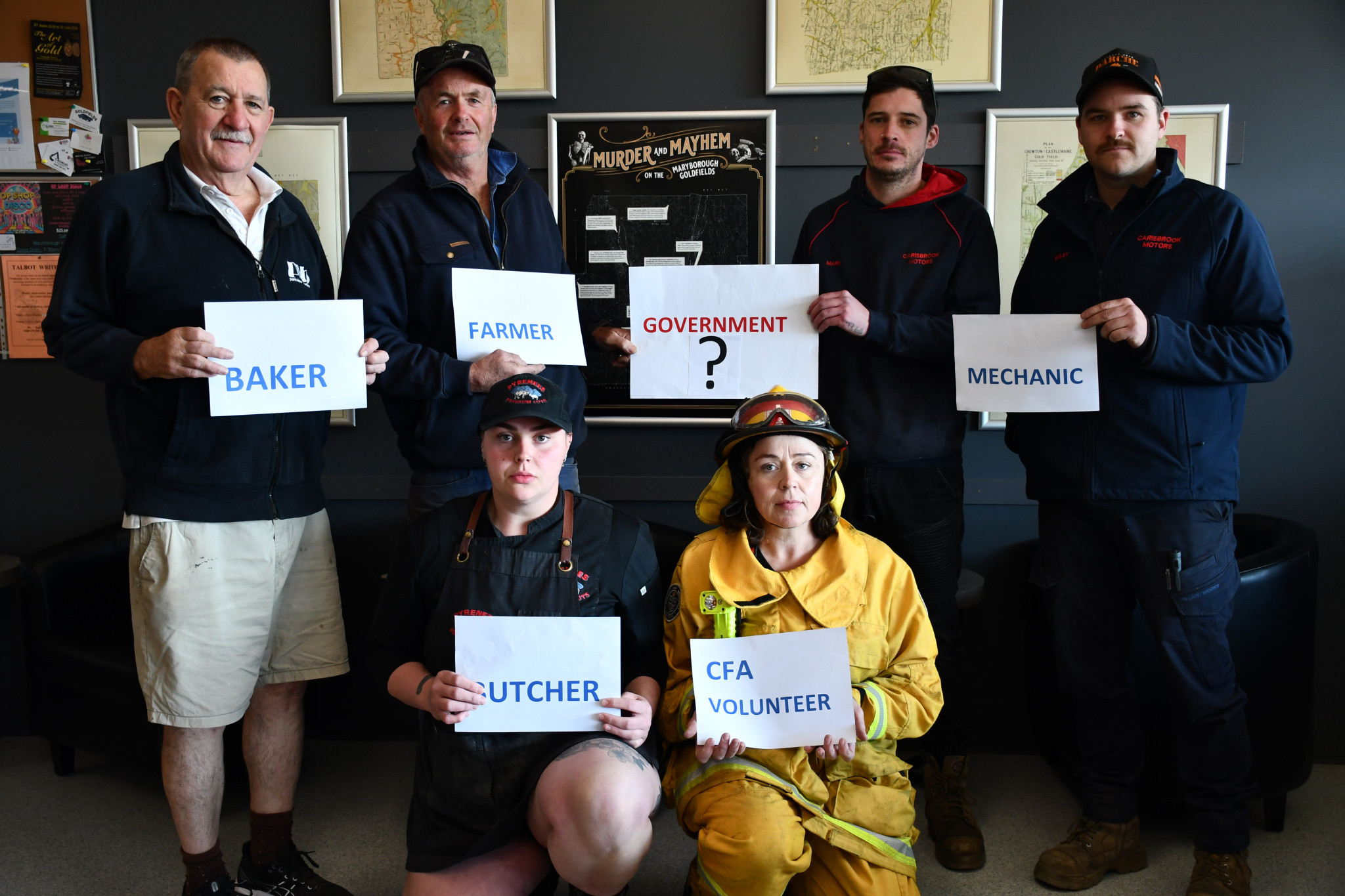 Community members across professions came together to show the legislation’s broad impact. Garry Higgins, Simon Coutts, Maddy Decker, Rebecca Murray, Mark Hensen and Bailey Bradley met to show one thing was missing — government support.