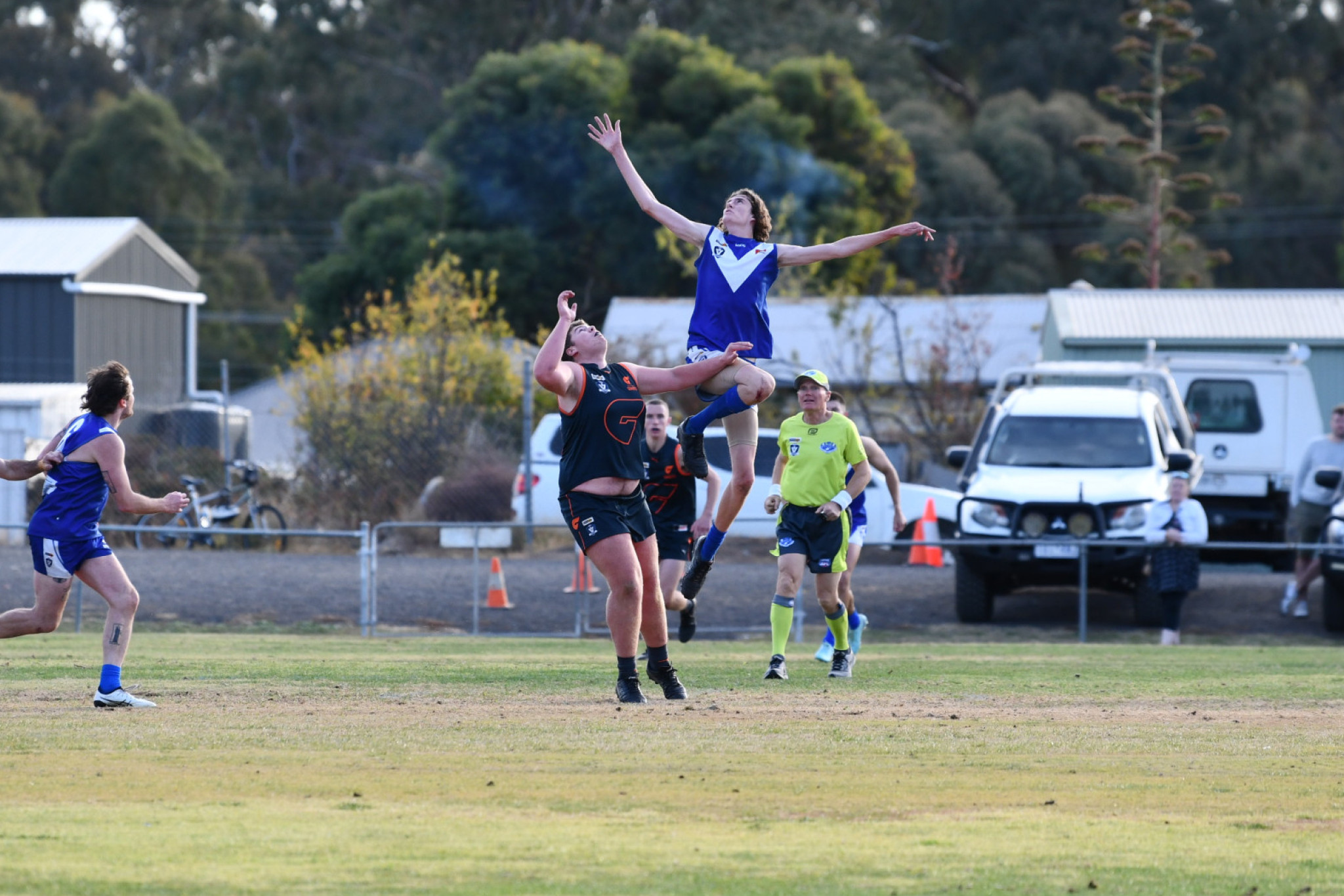 Maryborough Giants’ Jack Broad and Newstead’s Jovian Goulton battle it out in the opening bounce.