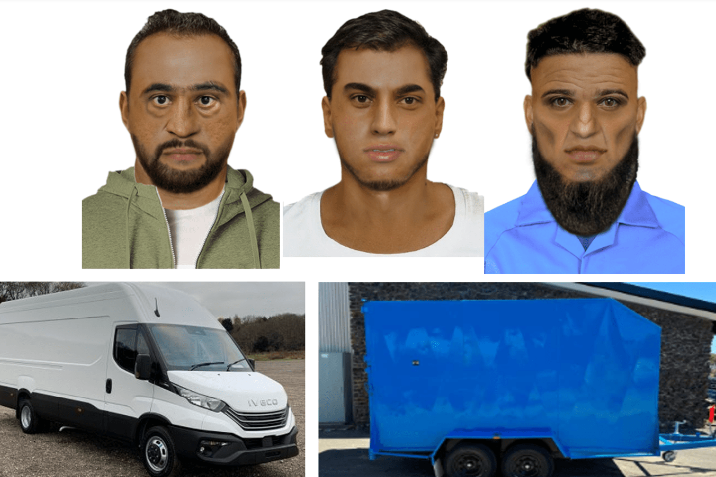 Images of a similar van and trailer, plus a digitally generated image of the three men based on witness descriptions, has been released in the hope the public can help detectives.