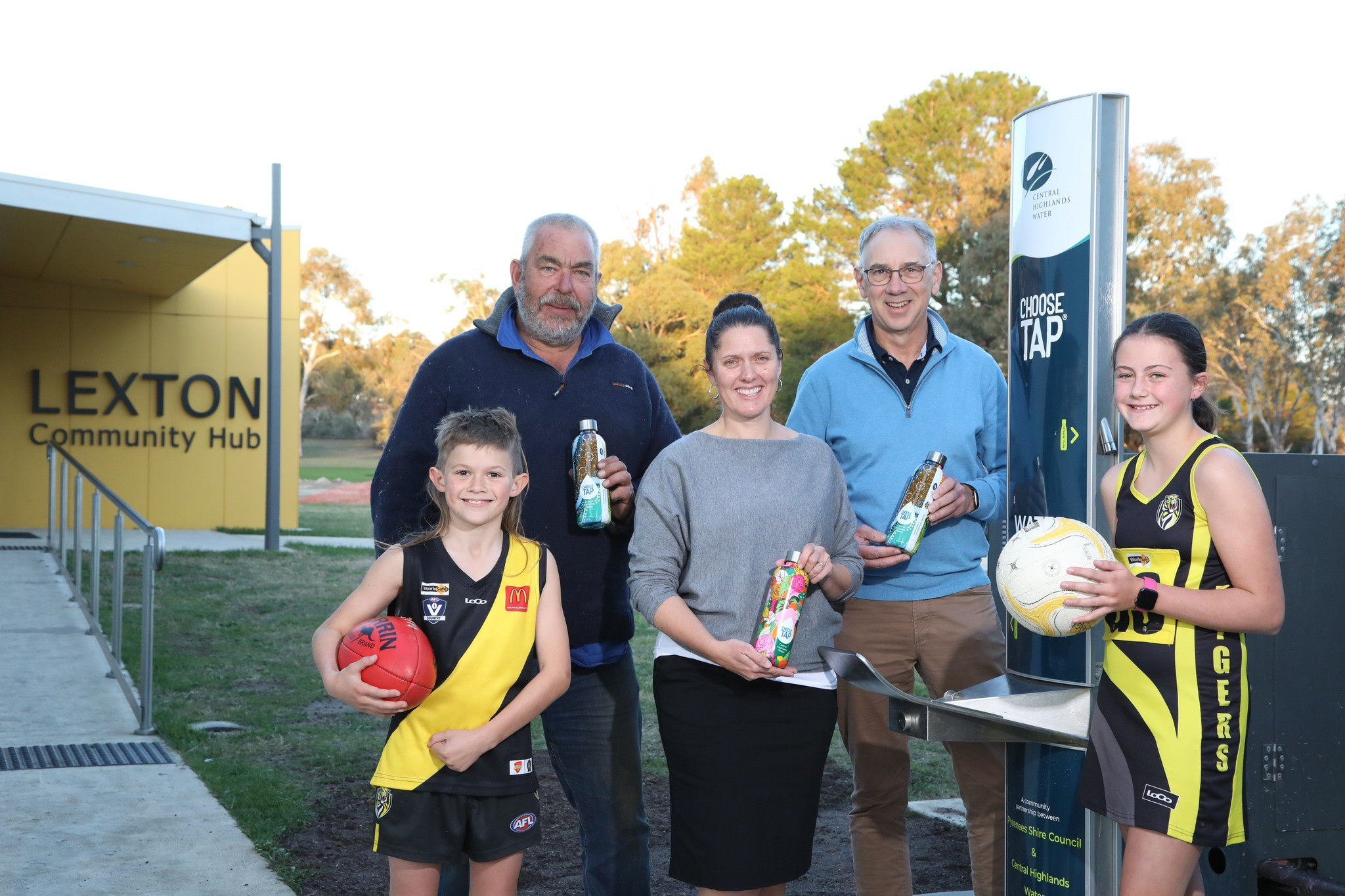 Zanda Fisher, Pyrenees Shire councillor Simon Tol, mayor Tanya Kehoe, CHW Managing Director Jeff Haydon and Marlie Briody with the new Choose Tap water fountain at Lexton Recreation Reserve. Photo: Supplied.