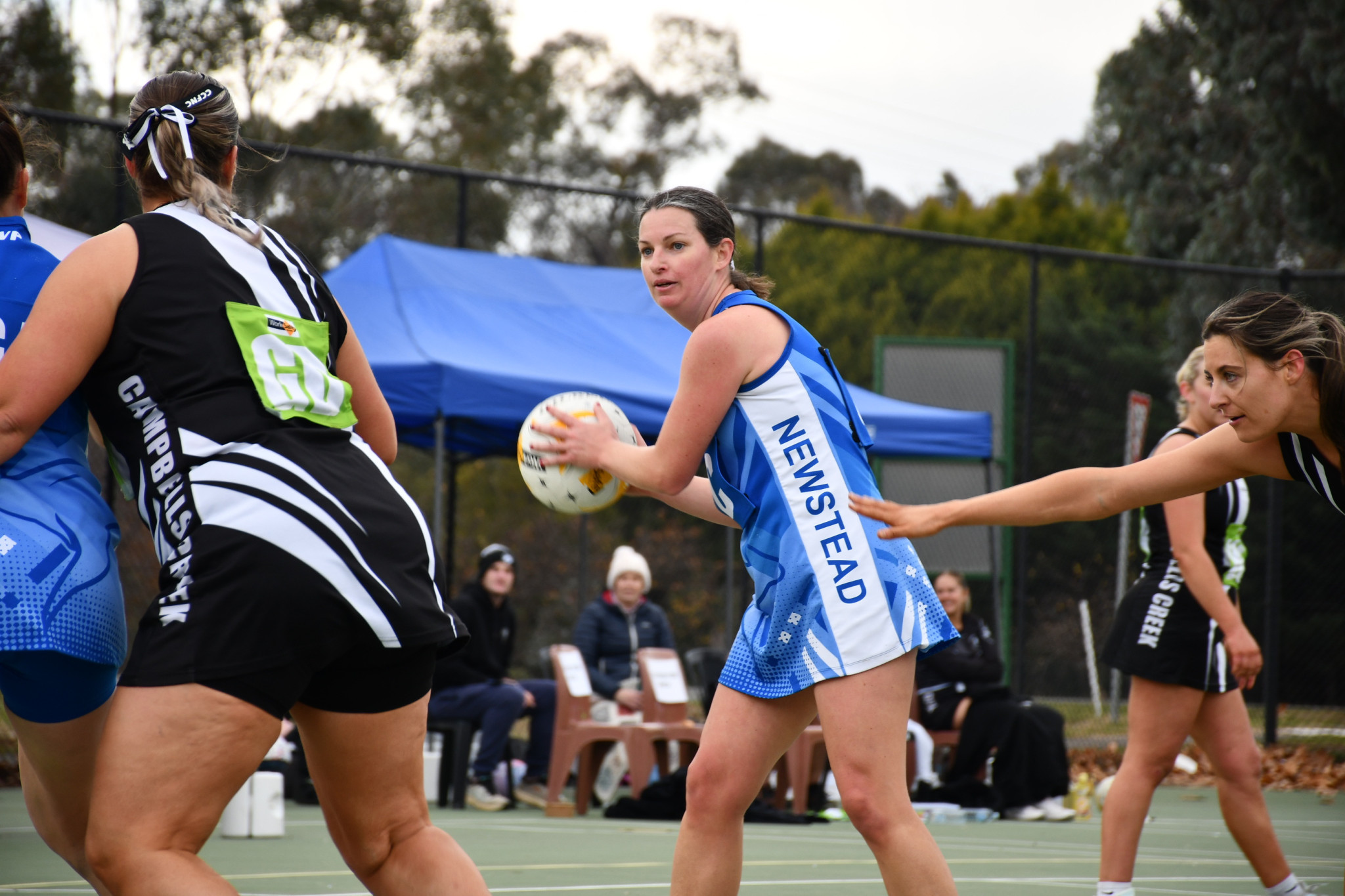 Jessica Currie surveys the goal circle in Newstead’s victory over Campbells Creek.