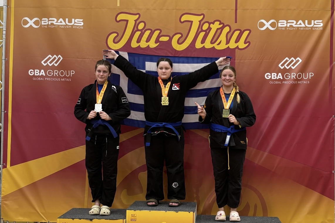 Alayla Savvidis celebrate one of her gold medals at the Queensland BJJ state Championships. Photo: Supplied.