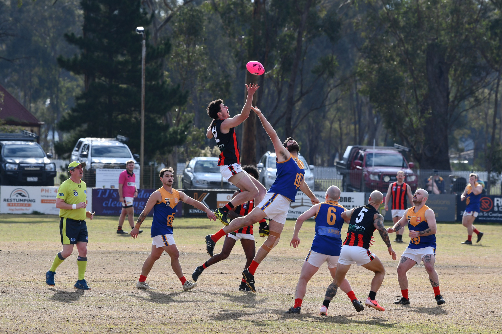 Noah Thompson leaps high for Maldon in the ruck contest against Dunolly’s Ryan Burt.