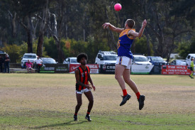 Natnael McLaren sets himself to receive a kick which is just out of reach for Bailey Wingrave.