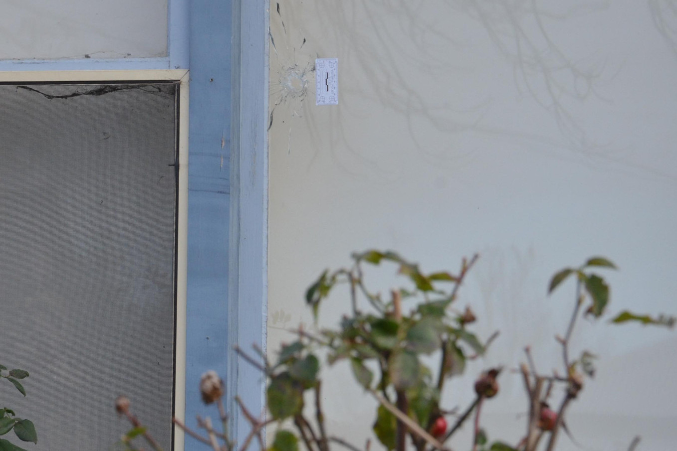 A sticker marks where the shot entered the front of the Campbell Street home.