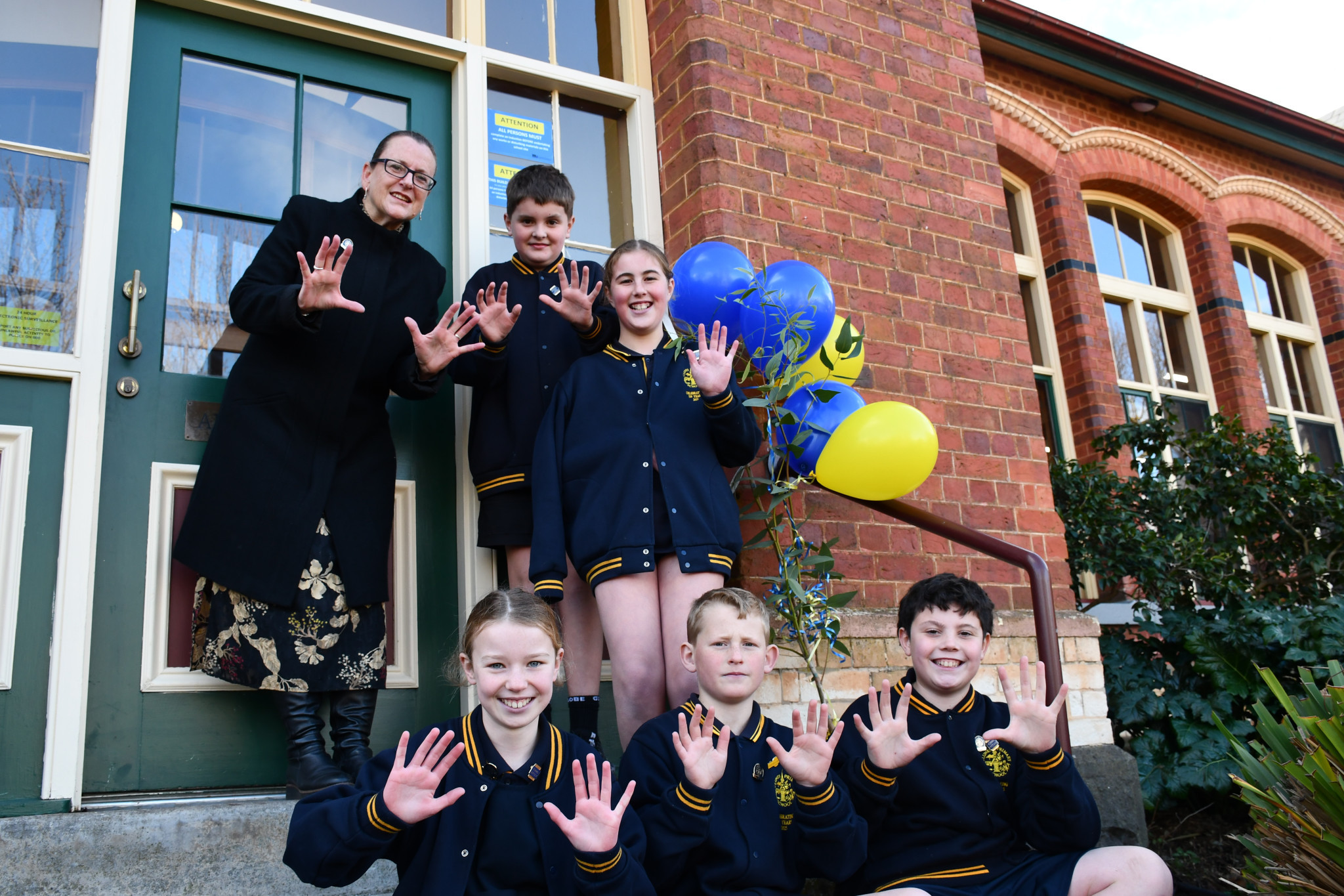 Clunes Primary School principal Sonia Jardine celebrated the school’s 150th anniversary on Tuesday alongside student leaders Alex Taylor, Elsie Clark, Isla Henderson-Drife, Jacus Henderson and Matt Campbell.