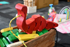 Even when a resident couldn’t remember the woodworking visits, he could remember creating this red dinosaur.
