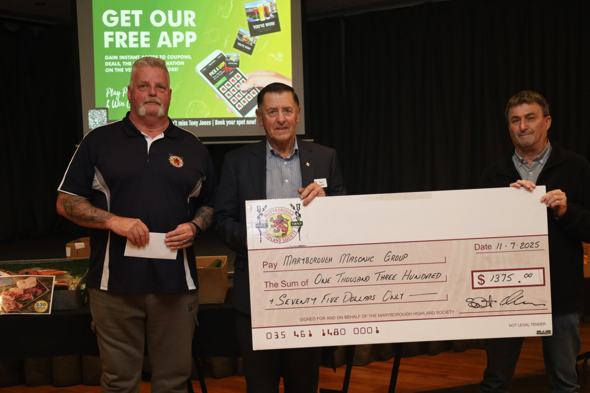 Central Goldfields Masonic Group chairman Ken Calder (centre) accepted the cheque from the Highland Society’s president Andrew Rae and treasurer Anthony Anderson.