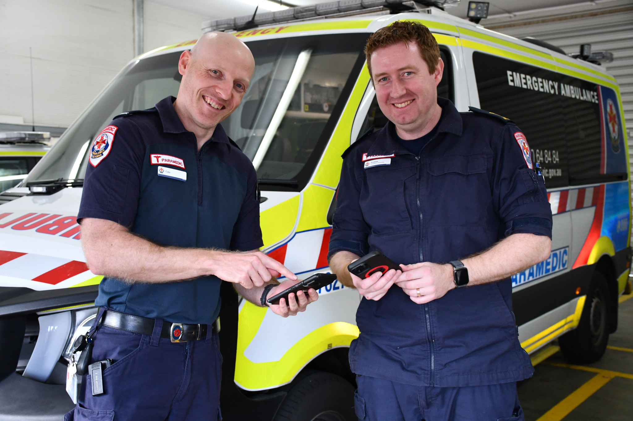 Ambulance Victoria’s Cale Davies and Andrew Jochs are encouraging locals to download the free GoodSAM app to help save the lives of cardiac arrest patients.