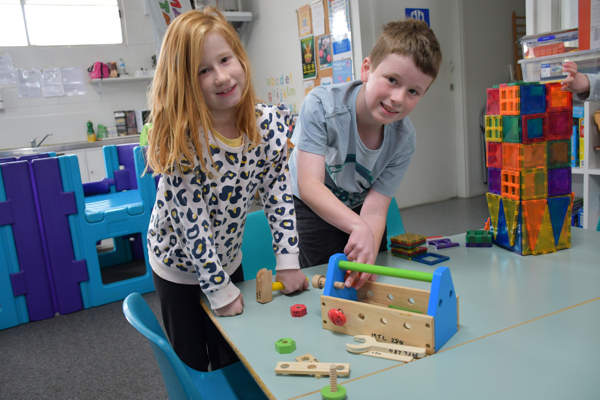 Caitlin and Isaac Mullins built many projects at the construction themed Stay and Play session at the Maryborough Toy Library on Tuesday morning.