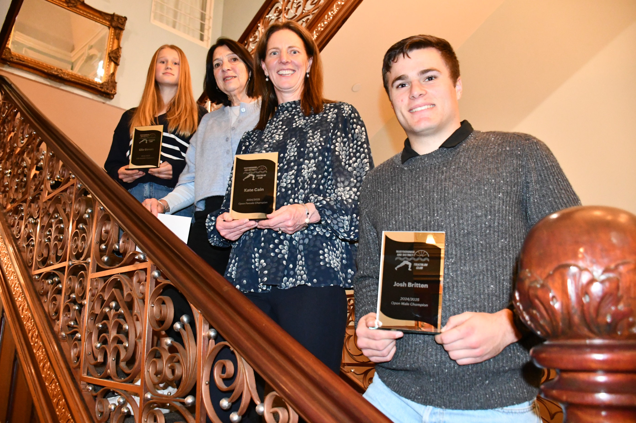 Kate Cain and Josh Britten (right) successfully defended their local open triathlon championships in 2024/25, recognised at the Maryborough and District Triathlon Club’s presentation dinner alongside Ella Govan and Jenny Barras.