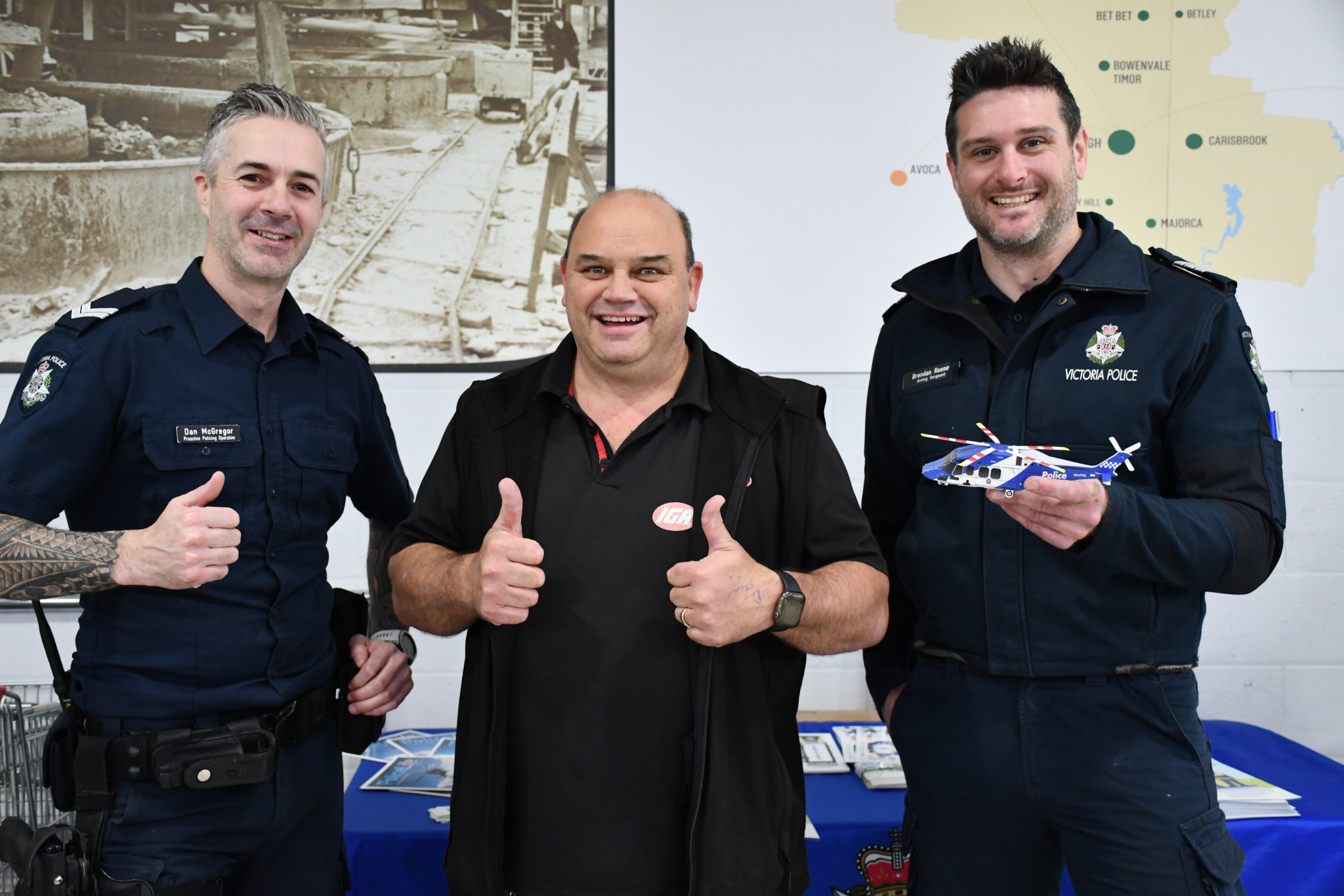 Alongside coffee, handouts, and activities for kids Senior Constable Dan McGregor, Maryborough IGA store manager Jefferson Hoober, and Acting Sergeant Brendan Rooney were keen to welcome the community. 220725 08