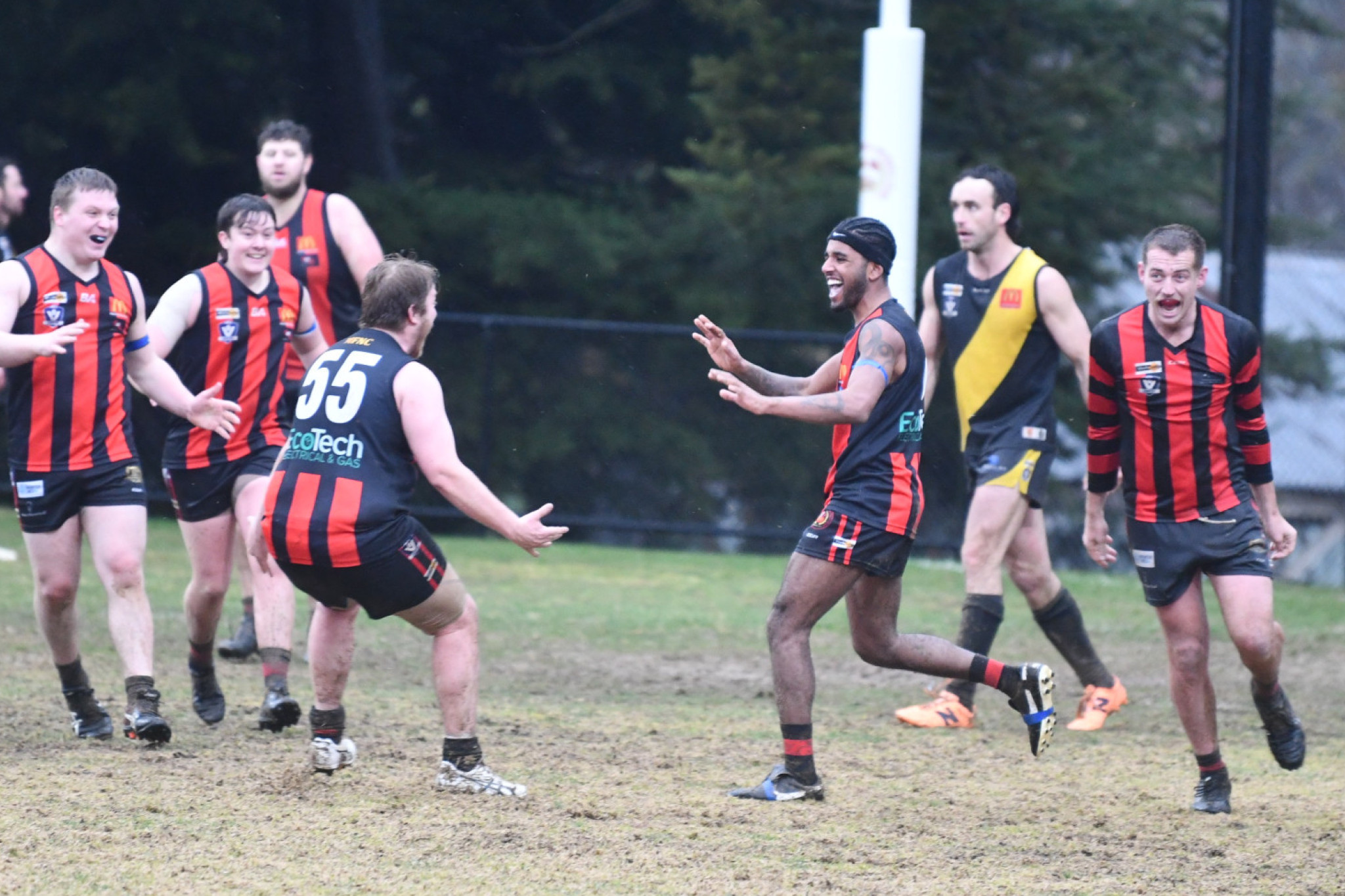 Natnael McLaren celebrates his game-sealing goal for Maldon.