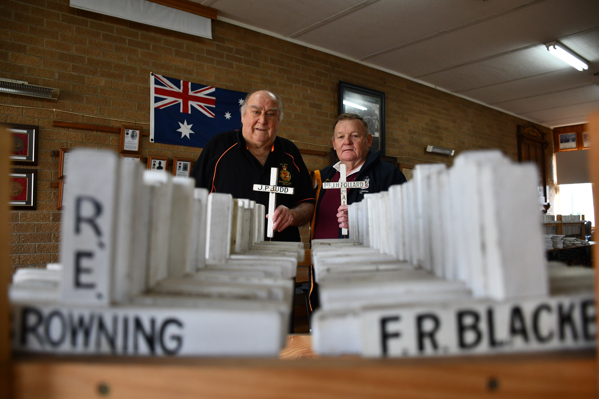 Maryborough RSL sub branch members Danny McIver and Roy ‘Shady’ Lane are encouraging descendants to collect their family cross this weekend.