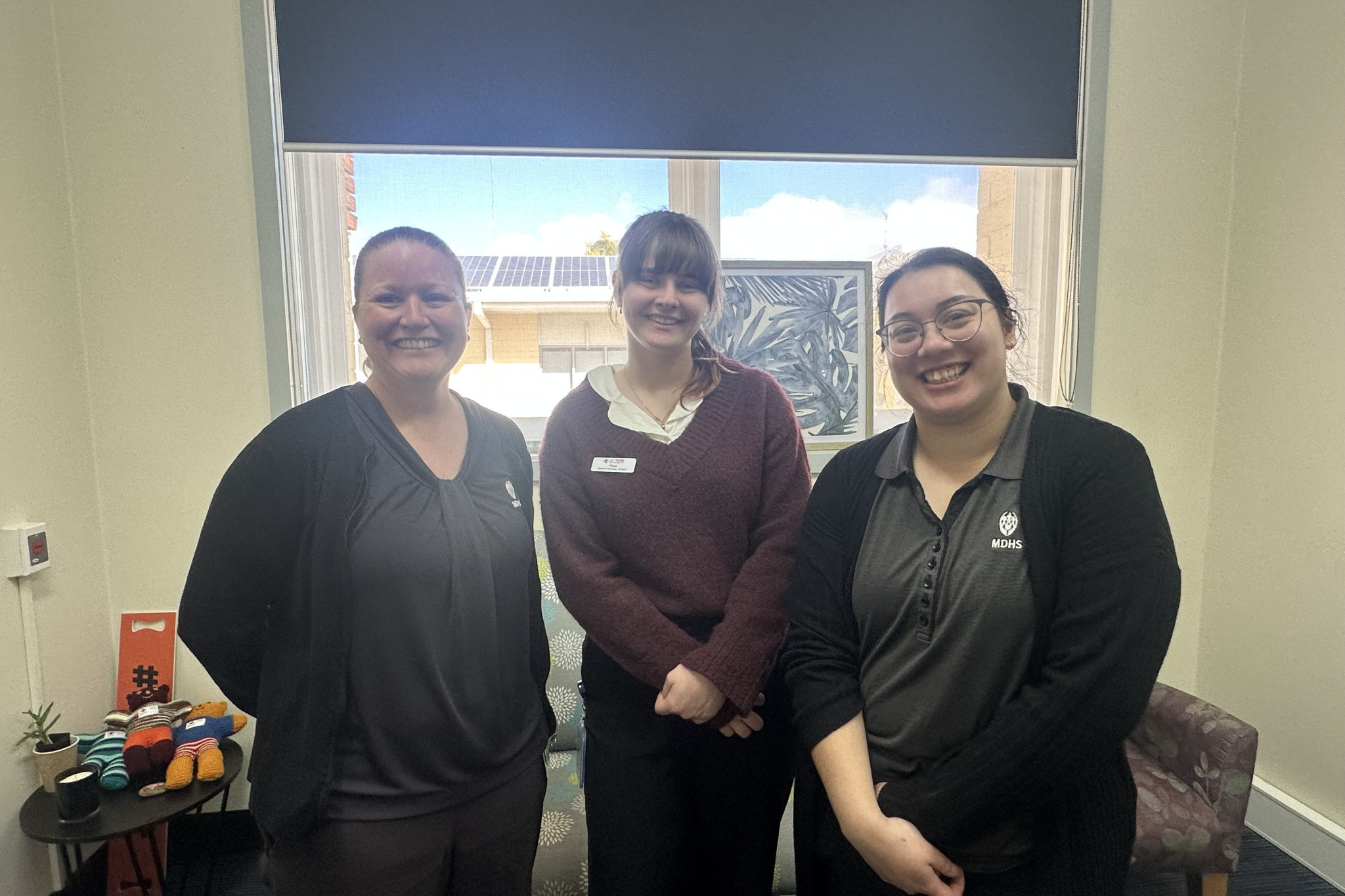 MDHS speech pathologist Meagan O’Halloran, student Thea McLoughlin and MDHS speech pathologist Caitlin Verlinden all set to mark Speech Pathology Week.