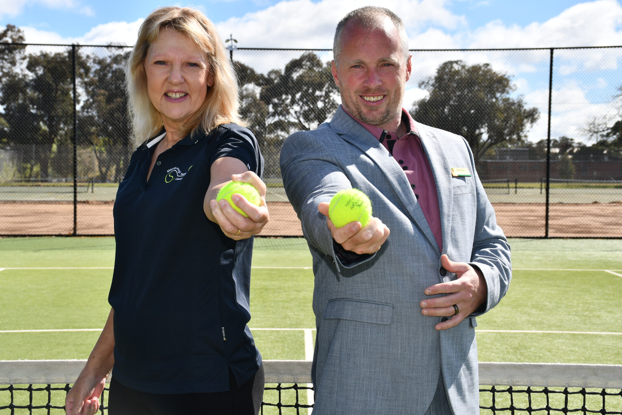 Maryborough Tennis Centre president Heather Carr and Central Goldfields Shire councillor Jake Meyer are expecting residents to have a ball of a time once the two current sporting projects are complete.