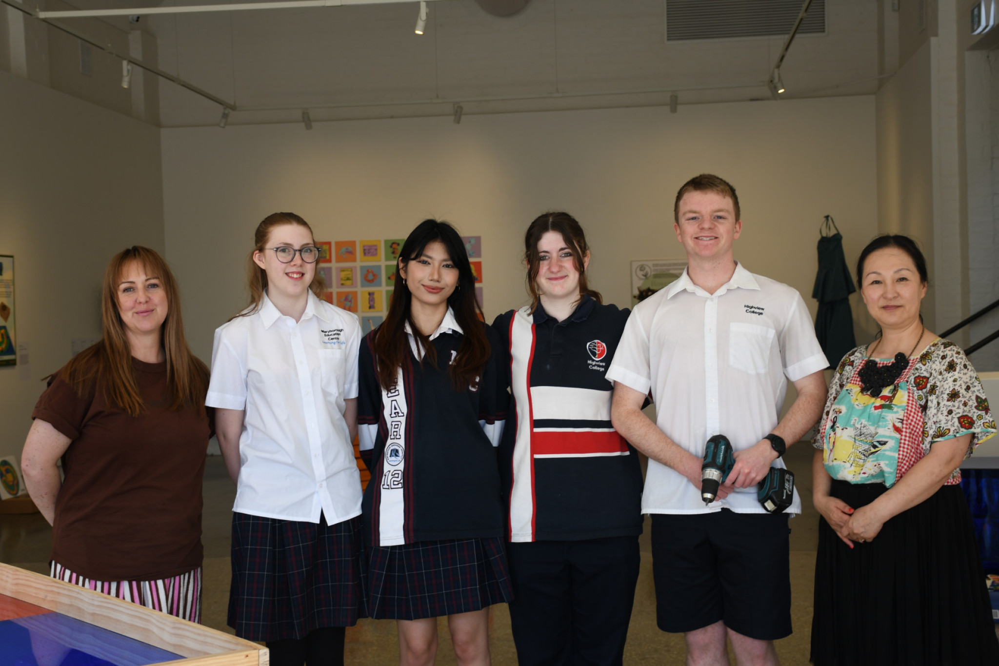 MEC arts and design teacher Jen Latch, MEC students Sarah Moyle and Mikhayla Motos, Highview students Tara Webb and Zander Hean and Highview College head of arts Hisu Lee are looking forward to the exhibition.