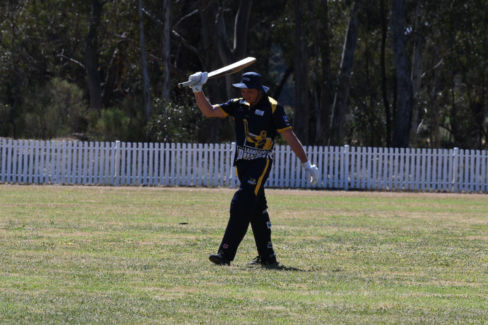 Laanecoorie Dunolly’s Steven Dellavedova celebrates his 150 against Beaufort Blue.