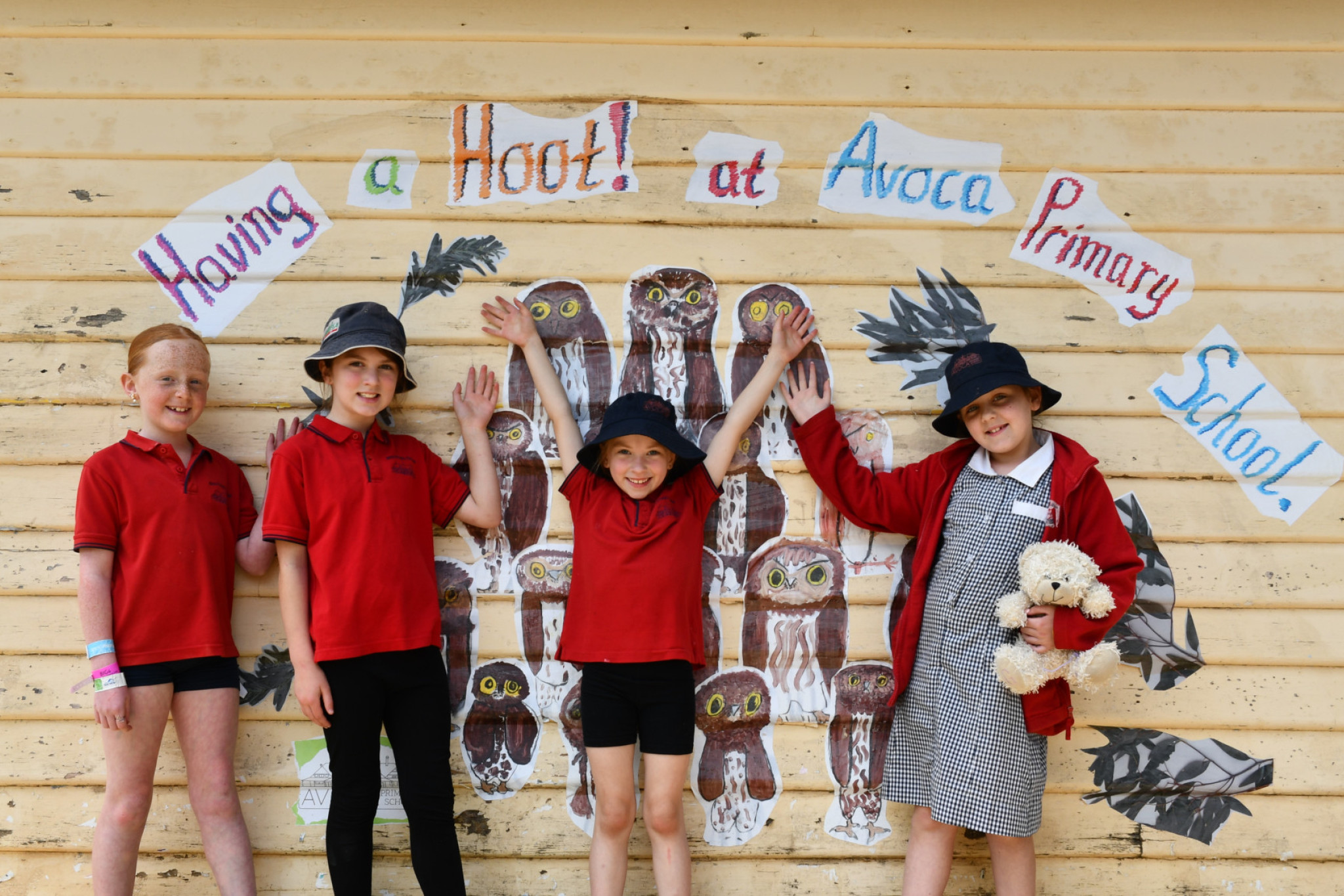 Avoca Primary School’s Boe, Stella, Alice and Bonne are having a hoot tracking down their barking owl paste ups.