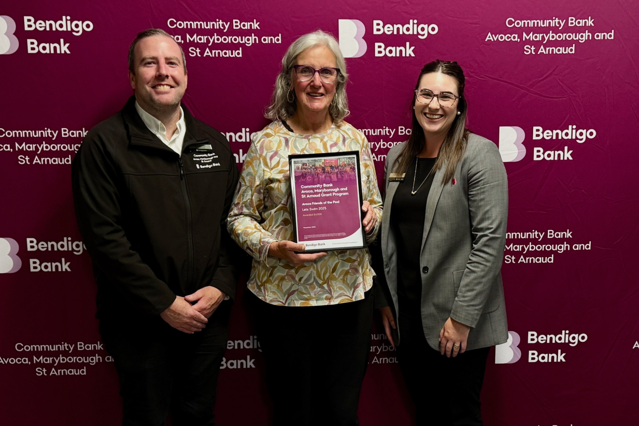 The Avoca Friends of the Pool group were one successful grant recipient, with the community bank’s Joel Condon and Aley Earl presenting a certificate to the group’s Joan Quinlan (centre).